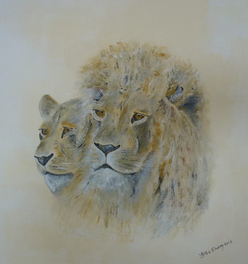 Leeuwenkoppel, geschilderd met acryl op linnen, 40 cm. x 50 cm. ingelijst.